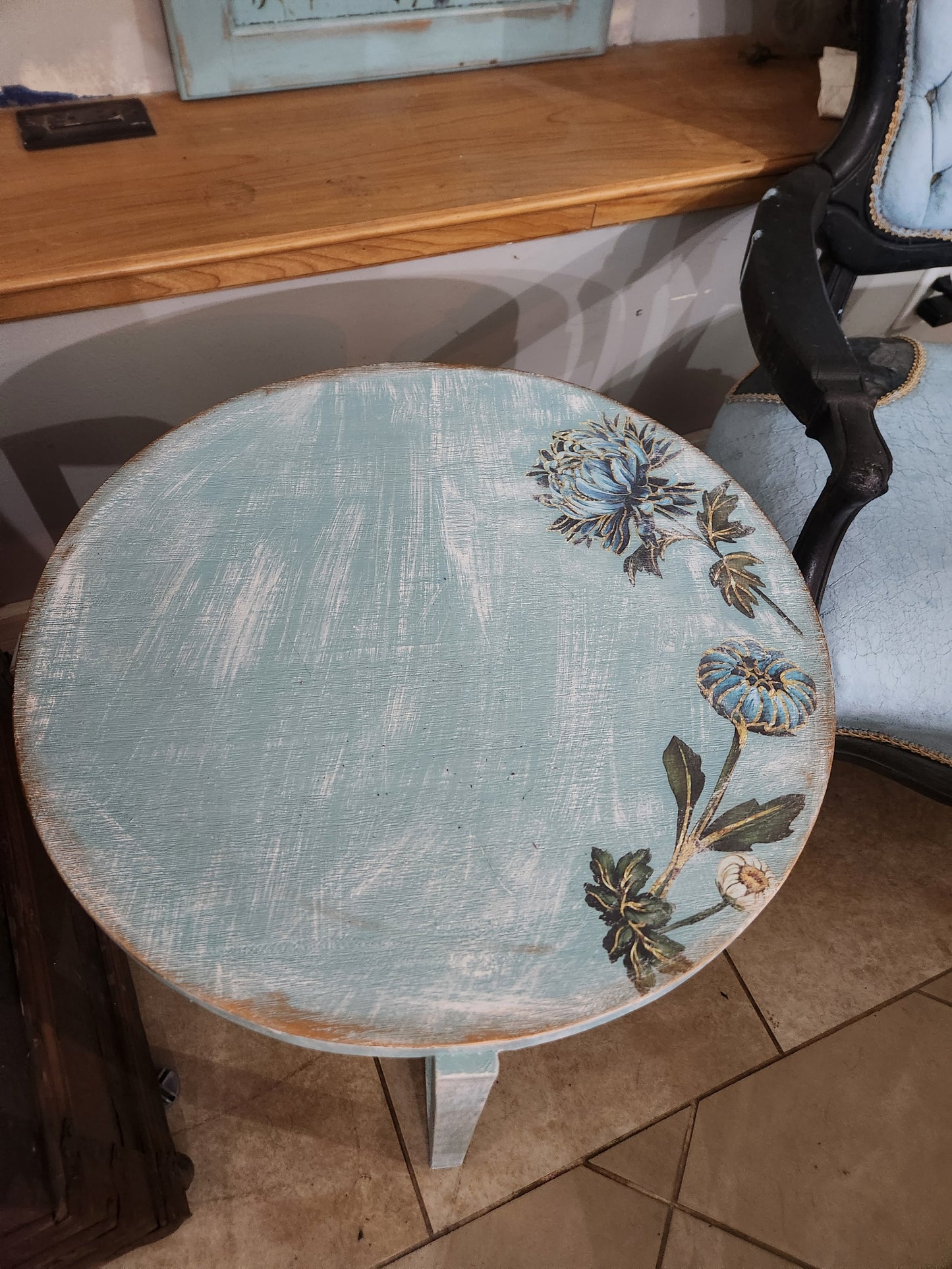 Blue Table with White Dahlias