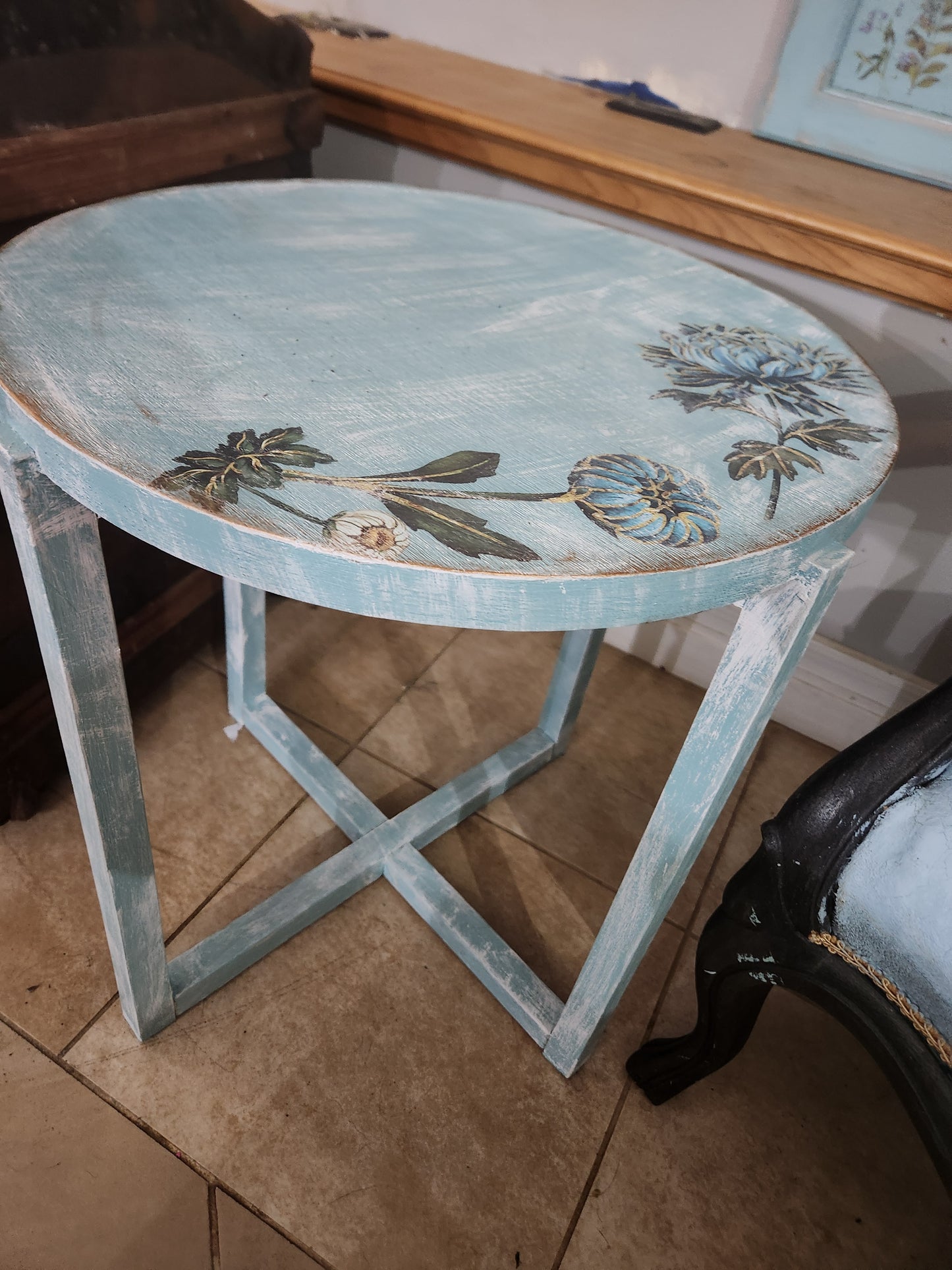 Blue Table with White Dahlias