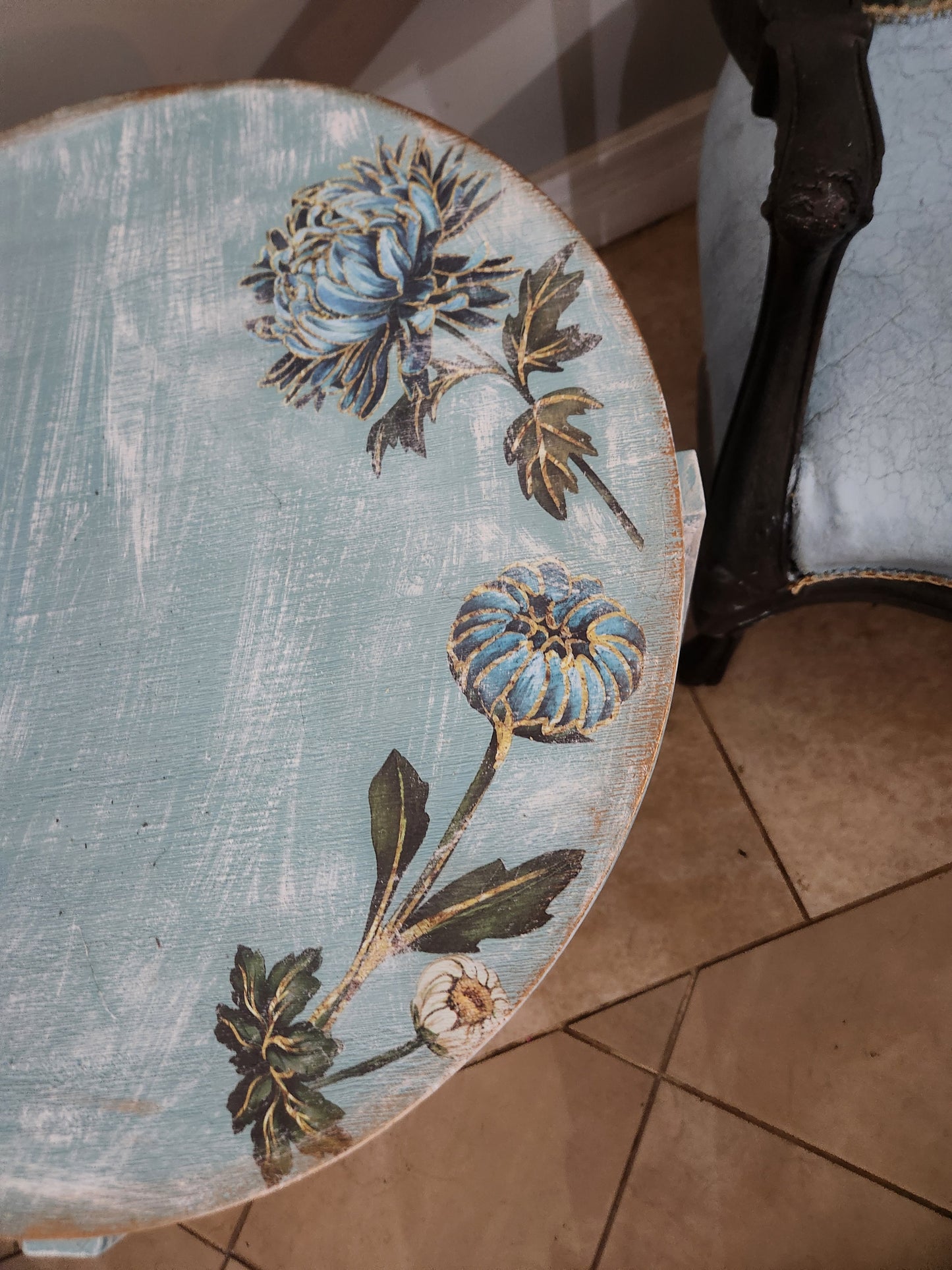 Blue Table with White Dahlias