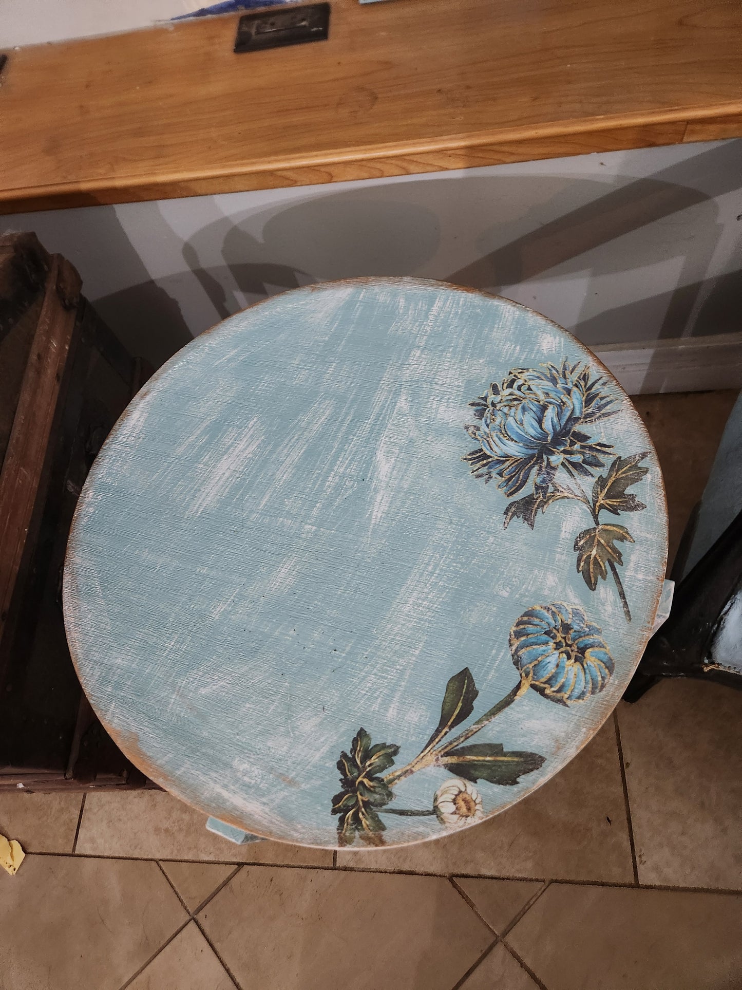 Blue Table with White Dahlias