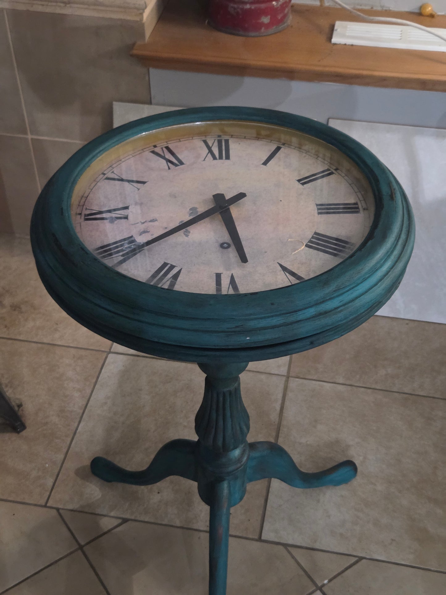 Upcycled Accent Table with Clock-Face Top – Hand-Painted,  One-of-a-Kind