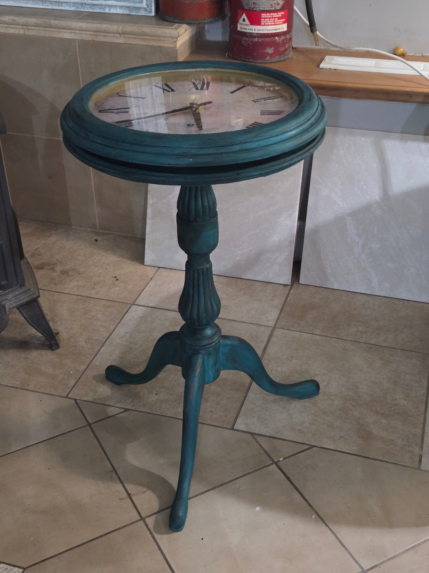Upcycled Accent Table with Clock-Face Top – Hand-Painted,  One-of-a-Kind
