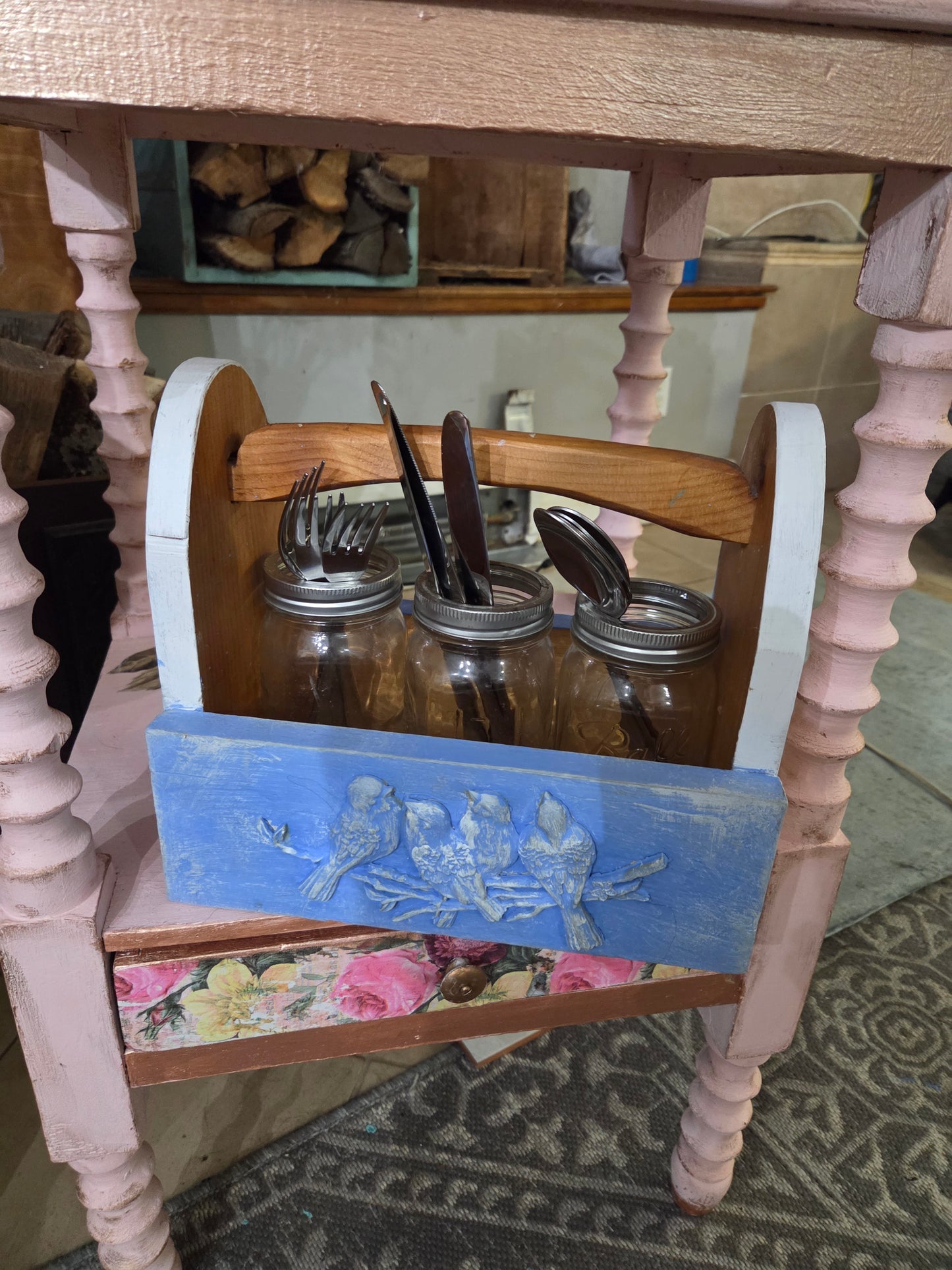 Upcycled Handmade Wooden Caddy with bird motif