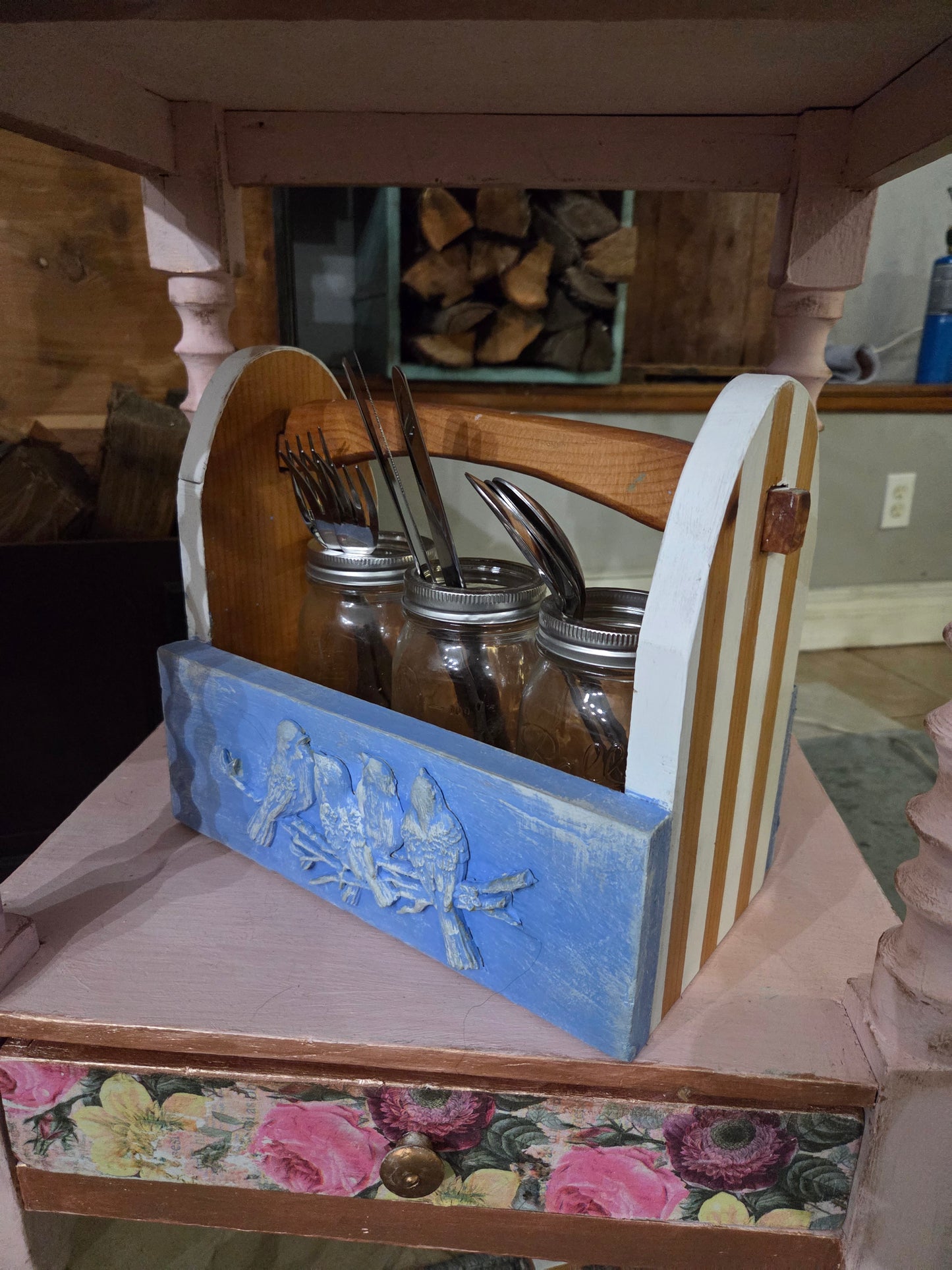 Upcycled Handmade Wooden Caddy with bird motif