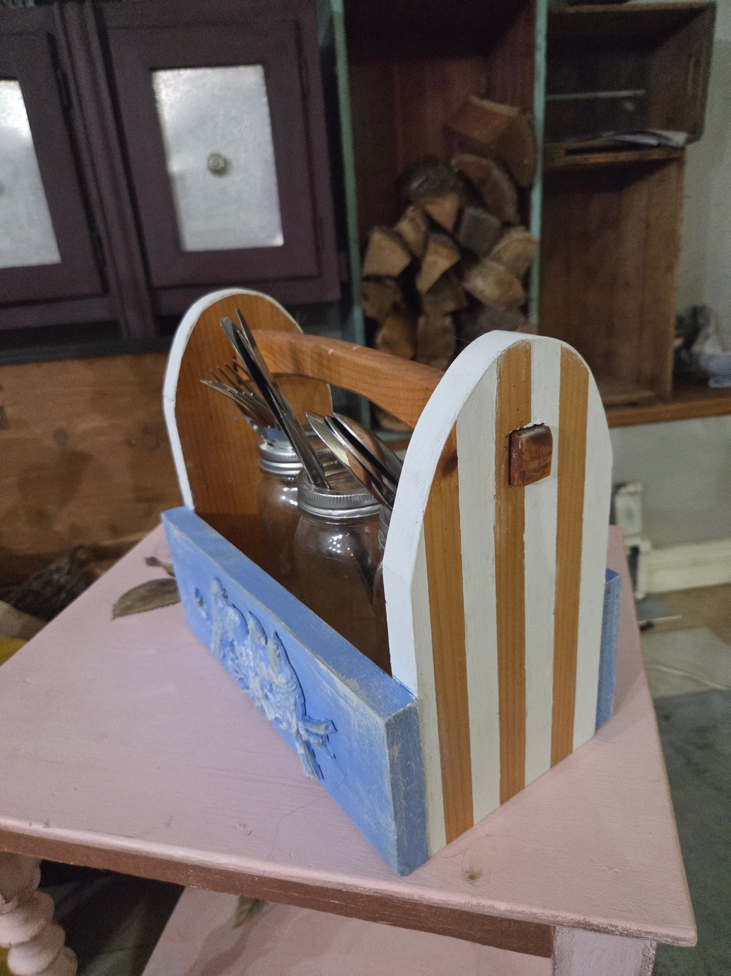 Upcycled Handmade Wooden Caddy with bird motif