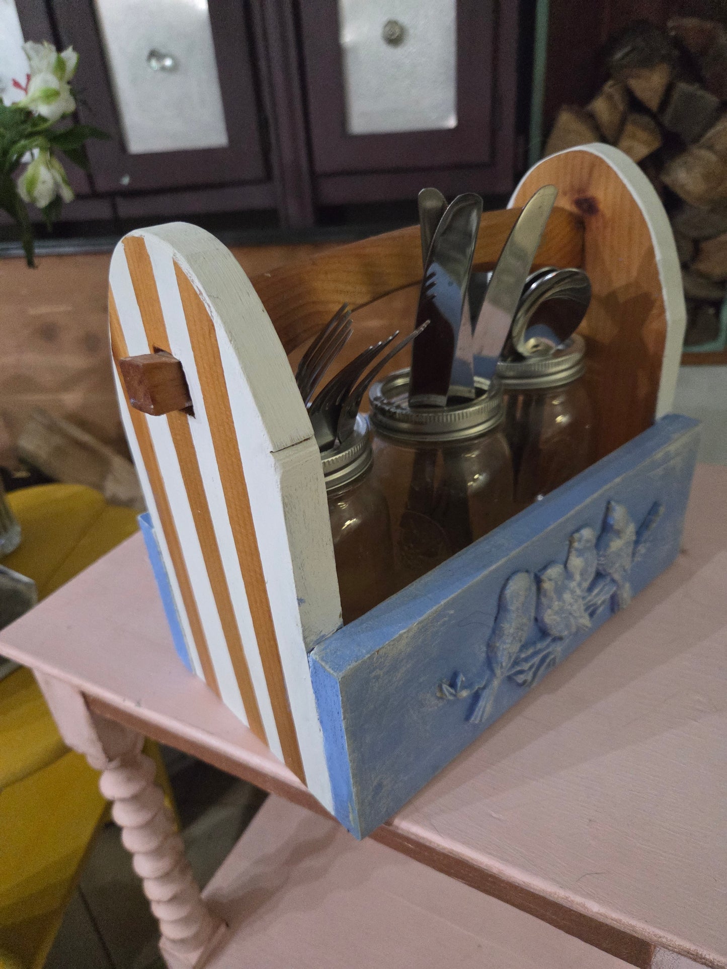 Upcycled Handmade Wooden Caddy with bird motif