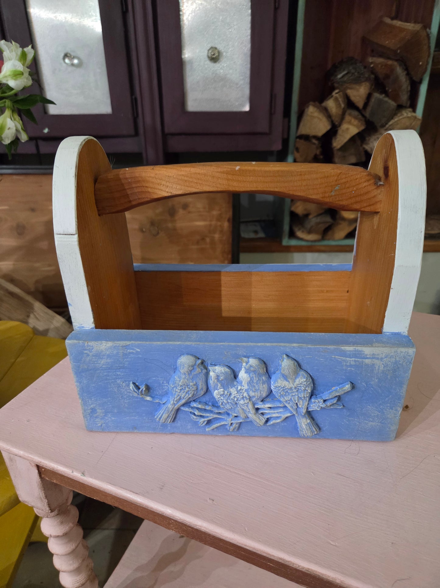 Upcycled Handmade Wooden Caddy with bird motif