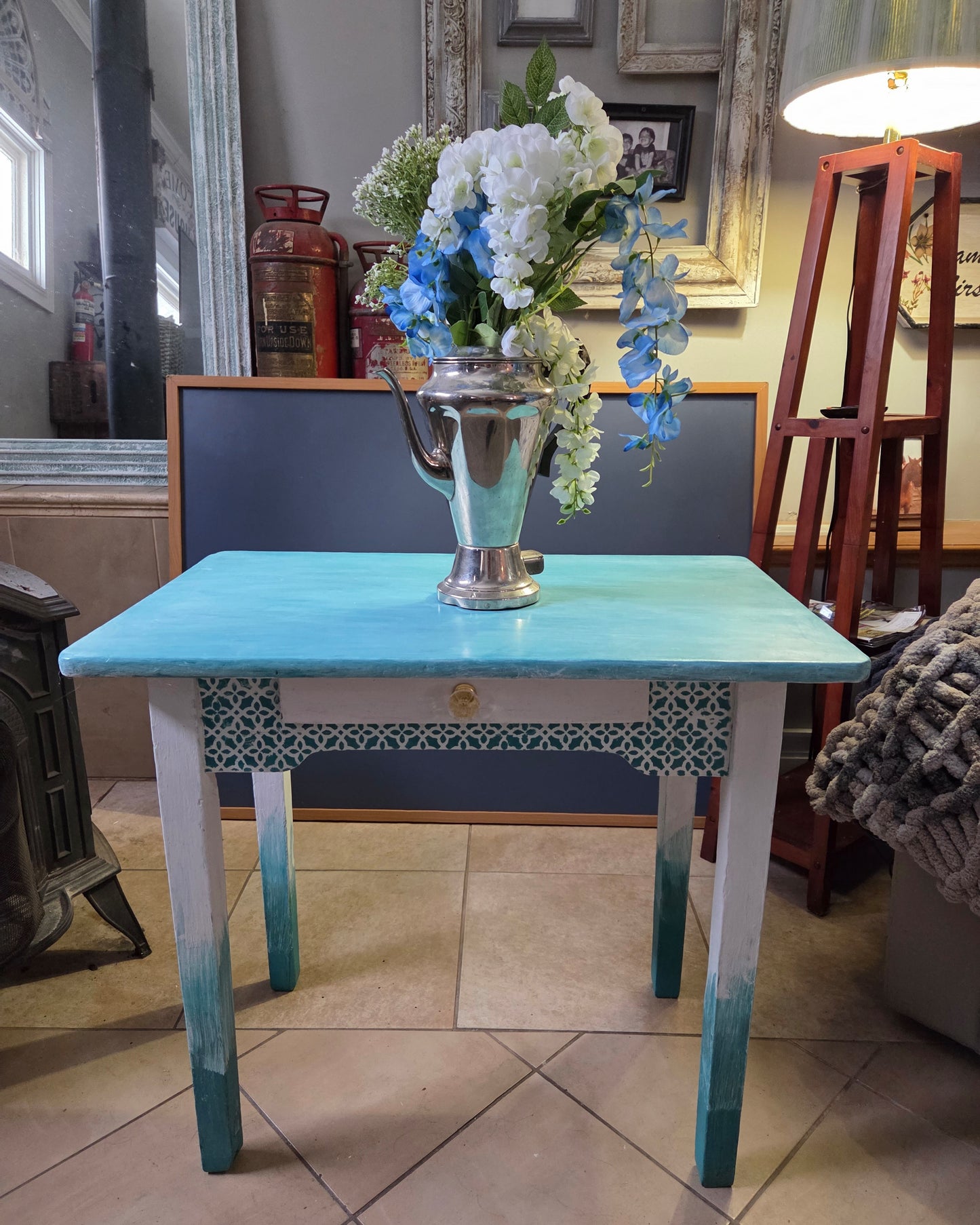 Deep Turquoise  Upcycled Side Table / Small Desk with Drawer