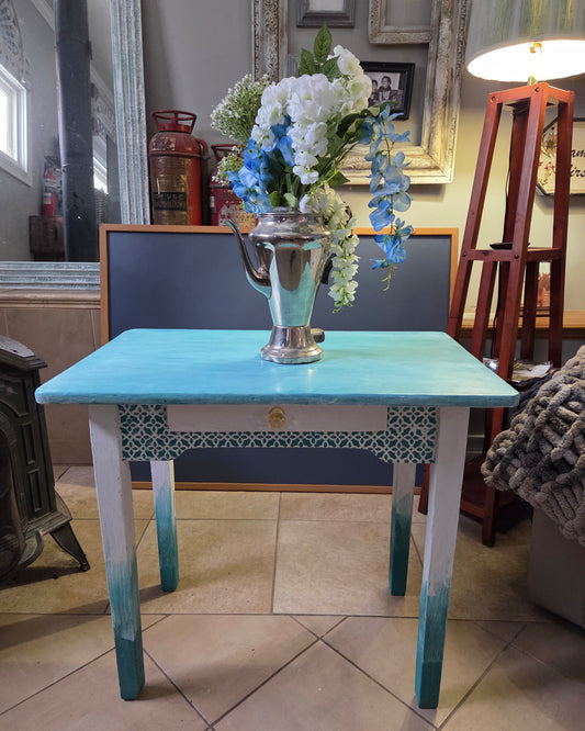 Deep Turquoise  Upcycled Side Table / Small Desk with Drawer