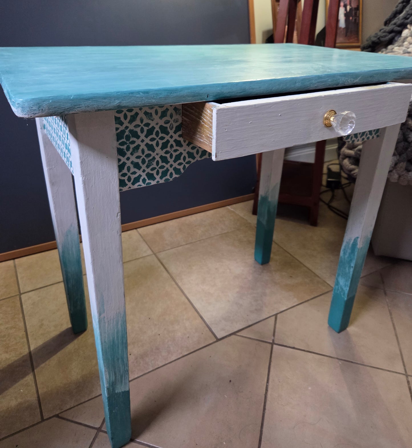 Deep Turquoise  Upcycled Side Table / Small Desk with Drawer
