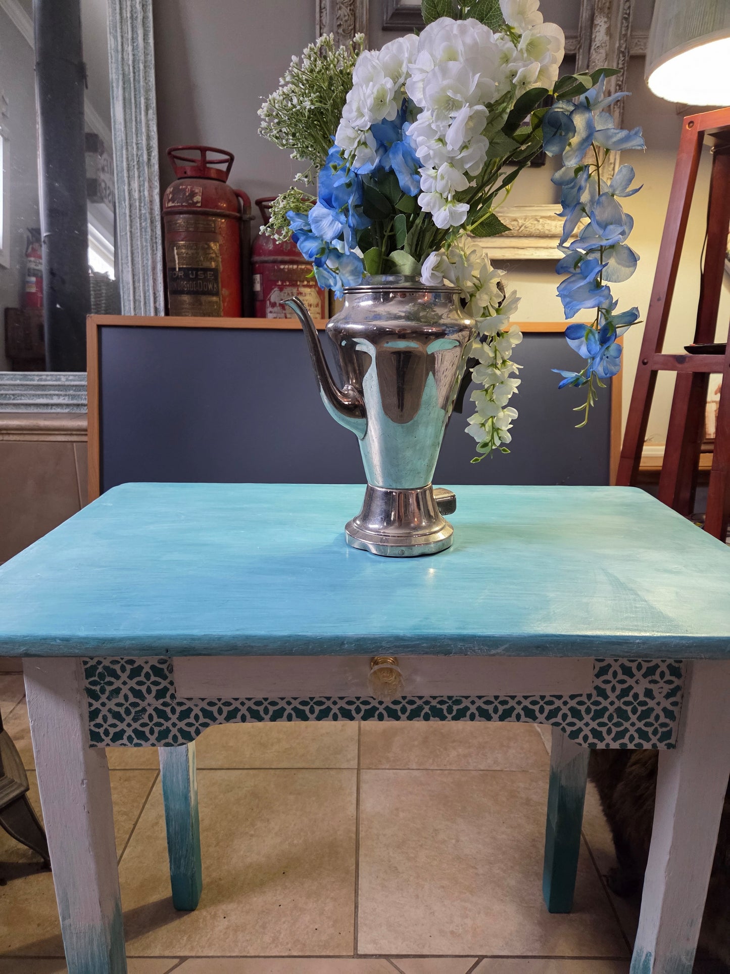 Deep Turquoise  Upcycled Side Table / Small Desk with Drawer